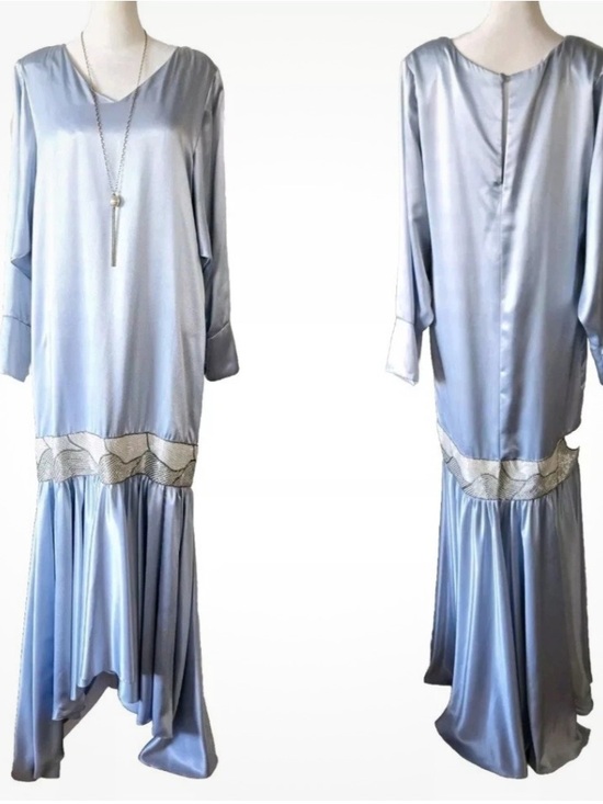 Vintage Dresses & Skirts - Silk Blue Drop-Waist Flapper Deco Dress Vintage